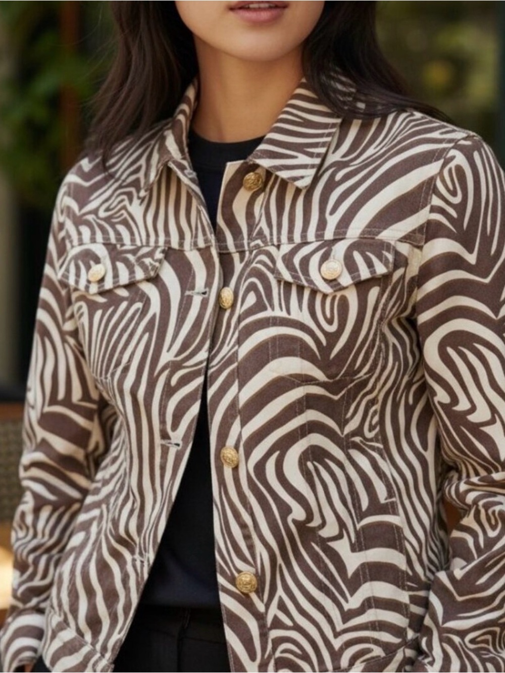 J. McLaughlin Brown and Cream Zebra-Print Jean Jacket